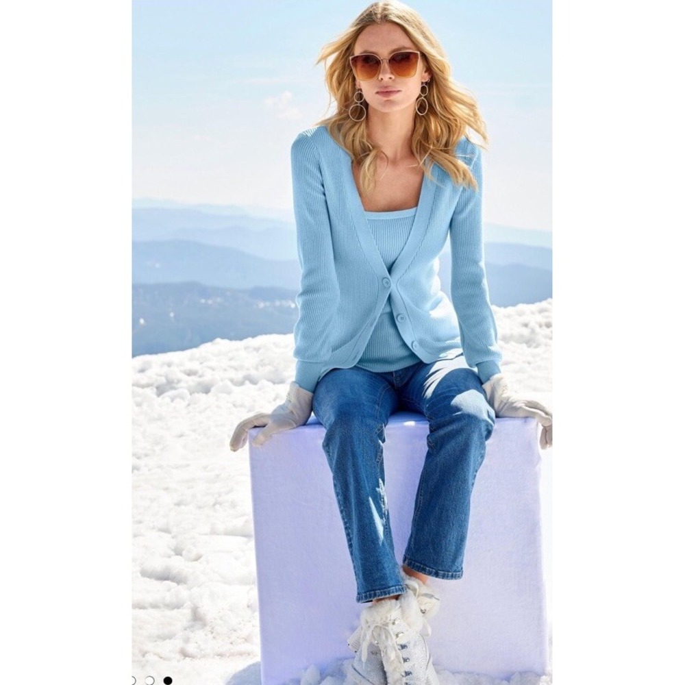 Boston Proper Womens Small Baby Blue Ribbed Knit Button Up Cardigan Sweater